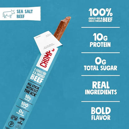 CHOMPS Grass Fed Sea Salt Beef Jerky Snack Sticks, Keto, Whole30, Paleo, Gluten Free, Sugar Free, Low Carb, AIP Diet Compliant, 1.15 Oz, Pack of 24