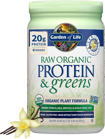 Garden of Life Raw Protein & Greens Vanilla Protein Powder – 20g Plant Based Greens Powder, Probiotics & Enzymes, Post-Workout Recovery, Vegan, Gluten-Free, Non-GMO, 20 Servings