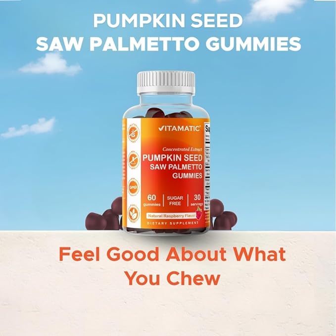 Vitamatic Pumpkin Seed 20:1 Extract & Saw Palmetto 10:1 Extract Gummies – Sugar-Free Botanical Extract – Natural Raspberry Flavor – Vegan, Non-GMO, Plant-Based Gummies – 60 Count - 2 Pack (120 Count)