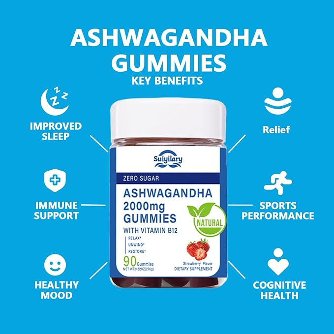 Suiyilary Ashwagandha Gummies 2000mg, Ashwagandha High Strength Root Extract Supplement with Vitamin B12 for Men Women, Strawberry Flavour 90 Days Supply 90 Gummies 2pack