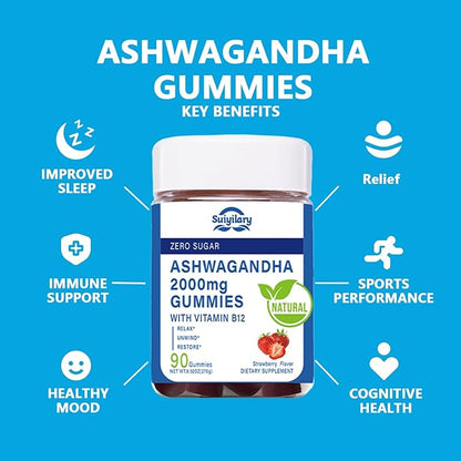 Suiyilary Ashwagandha Gummies 2000mg, Ashwagandha High Strength Root Extract Supplement with Vitamin B12 for Men Women, Strawberry Flavour 90 Days Supply 90 Gummies 2pack
