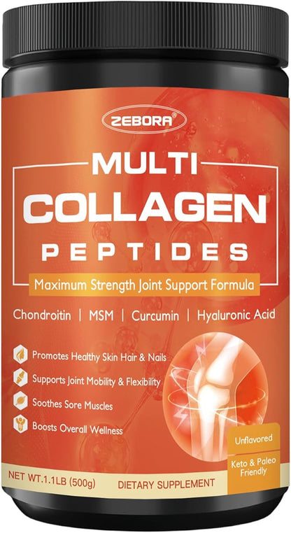 ZEBORA Multi-Collagen-Peptides-Powder for Joint Recovery with MSM & CS - 50 Servings of Hydrolyzed Collagen for Women Men - Type I II III V X Collagen for Skin Hair Nail & Joint Support, Keto Friendly