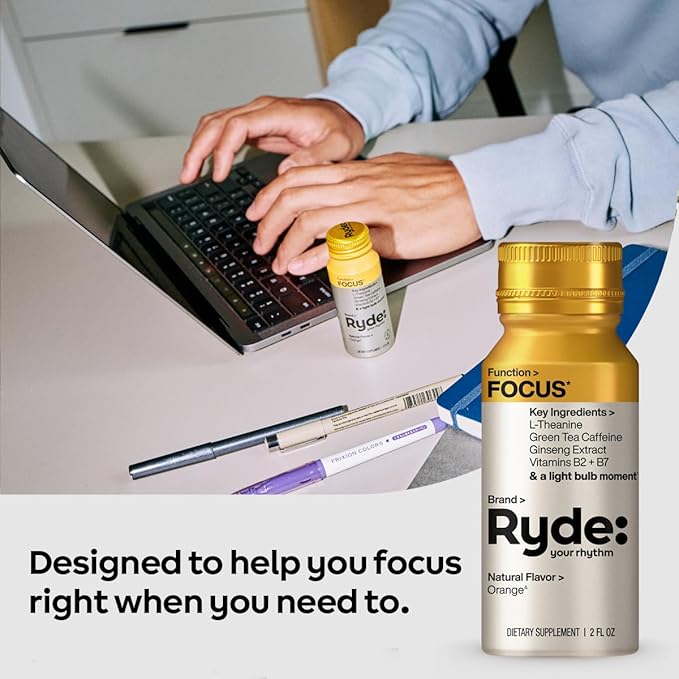 Ryde: Focus Shot | Orange Flavor | L-Theanine & Ginseng | Green Tea Caffeine | Vitamins B2 & B7 | 0 Calories, 0 Sugar | 2 FL OZ Shots | Supports Focus* (8 Pack)