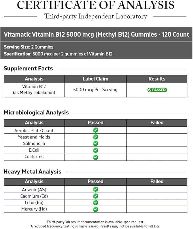 Vitamatic 2 Packs Extra Strength Vitamin B12 5000 mcg (Methyl B12) Gummies - 120 Count - Energy Metabolism Support and Nervous System Health Support, Natural Cherry Flavored