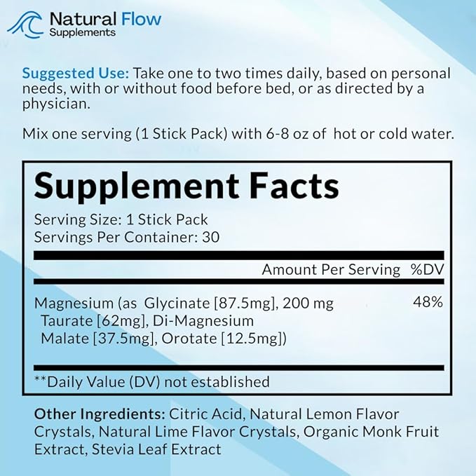 Magnesium Powder Drink Mix - Lemon/Lime - Natural Flow 4X Magnesium Glycinate, Taurate, Malate, Orotate Supplement, Calm Sleep and Cramp Support Blend, No Mag Citrate or Oxide, 30 Packs (Drink Mix)
