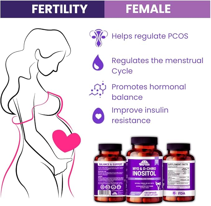 Myo-Inositol & D-Chiro Inositol 40:1 Supplement for Women – Hormone Balance, PCOS Support, Fertility & Ovary Health – with Folic Acid, Vitamin D3 & Ashwagandha – Non-GMO, Vegan, 120 Capsules