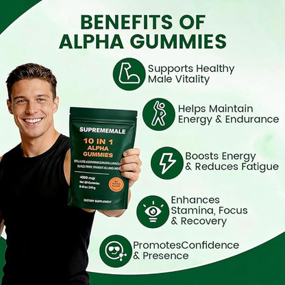 SupremeMale 10 in 1 Alpha Gummies, Alpha Shilajit Gummies for Men, Supports Daily Energy, 60 Count(1 PC)