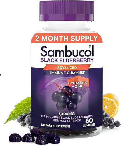 Sambucol Elderberry Gummies - Immune Support Supplement for Adults with Vitamin C & Zinc, Sambucus Elderberry with High Antioxidants, Gluten Free, Vegan - 60 Count