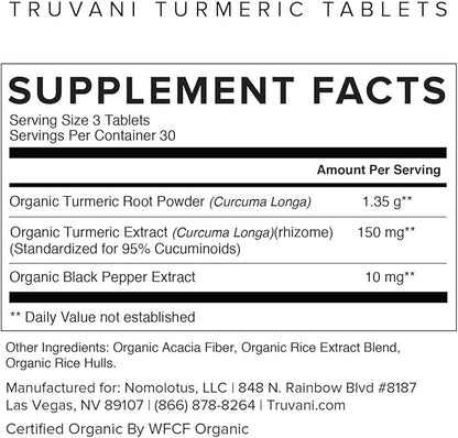 Truvani Organic Turmeric Curcumin Tablets 1,350 mg Each - Natural Joint Support with Black Pepper for Absorption - 90 Tablets