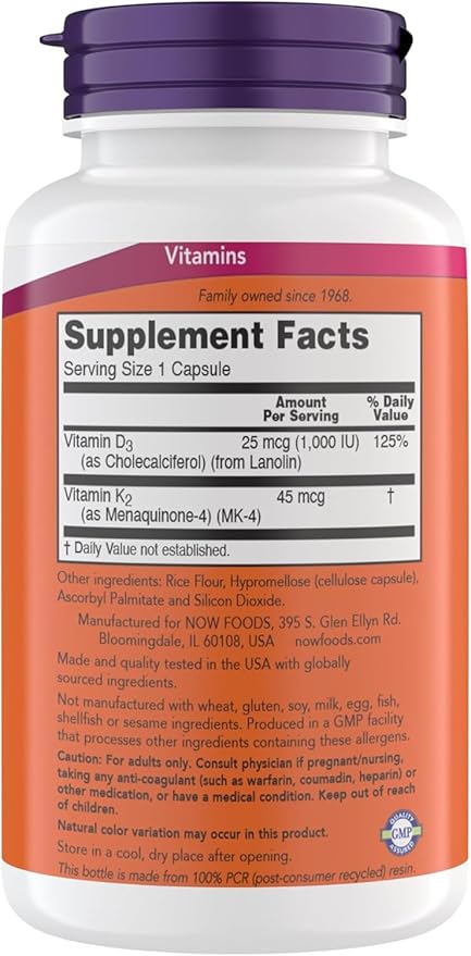 Now Supplements Vitamin D3 K2, 1,000 IU/45 mcg, Cardiovascular Support, Supports Bone Health, 180 Vegetarian Capsules - Vegan, Gluten Free, Kosher Vitamin D3 and K2 Supplements (2)