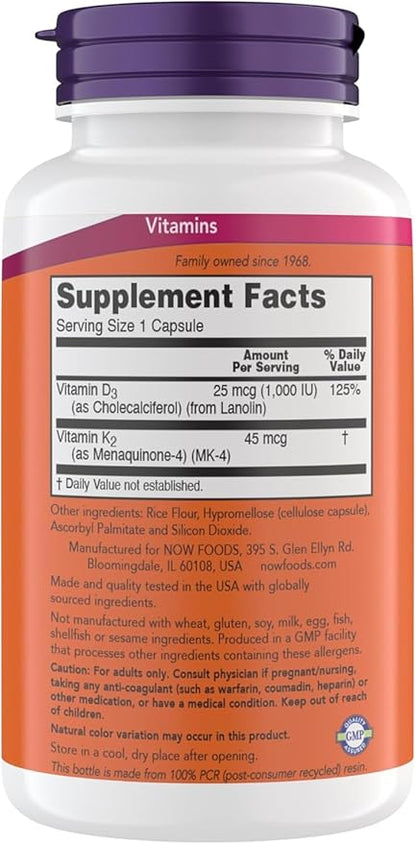 Now Supplements Vitamin D3 K2, 1,000 IU/45 mcg, Cardiovascular Support, Supports Bone Health, 180 Vegetarian Capsules - Vegan, Gluten Free, Kosher Vitamin D3 and K2 Supplements (2)