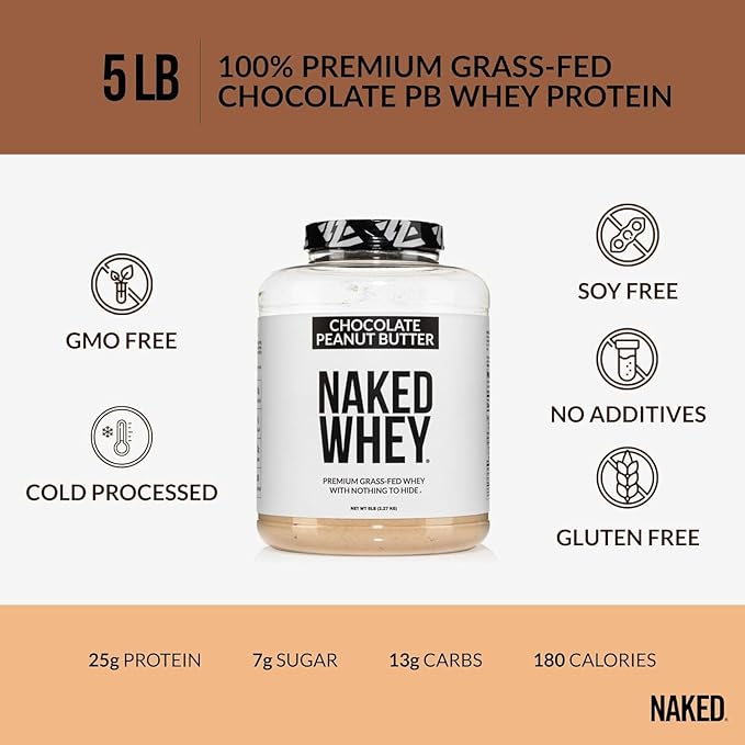 NAKED Whey Chocolate Peanut Butter Grass Fed Whey Protein Powder, No GMO, No Soy, and Gluten Free, Aid Growth and Recovery - 52 Servings