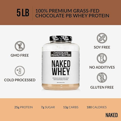 NAKED Whey Chocolate Peanut Butter Grass Fed Whey Protein Powder, No GMO, No Soy, and Gluten Free, Aid Growth and Recovery - 52 Servings