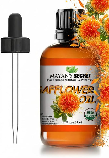 Mayan's Secret Organic Safflower Oil – High Oleic, Expeller Pressed, 100% Pure & Non-GMO, Rich in Vitamin E & Oleic Acid, Deep Moisturizing Oil for Soft Healthy Skin
