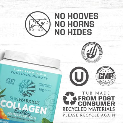 Vegan Collagen Building Powder Protein Peptide with Biotin Vitamin C Hyaluronic Acid Collagen Protein Powder for Hair Skin Nail Dairy Free Gluten Free | Unflavored by Sunwarrior