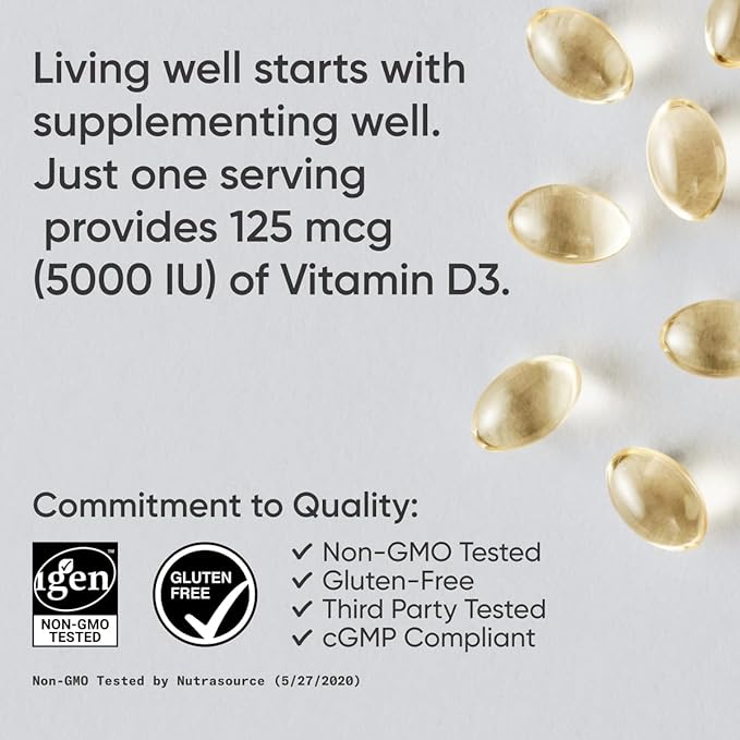 Sports Research® Vitamin D3 w/Coconut MCT Oil - High Potency Vitamin D3 5000iu (125mcg) Supplement for Immune & Bone Support - Seed Oil Free - Non-GMO - Gluten Free (360 Liquid Softgels)