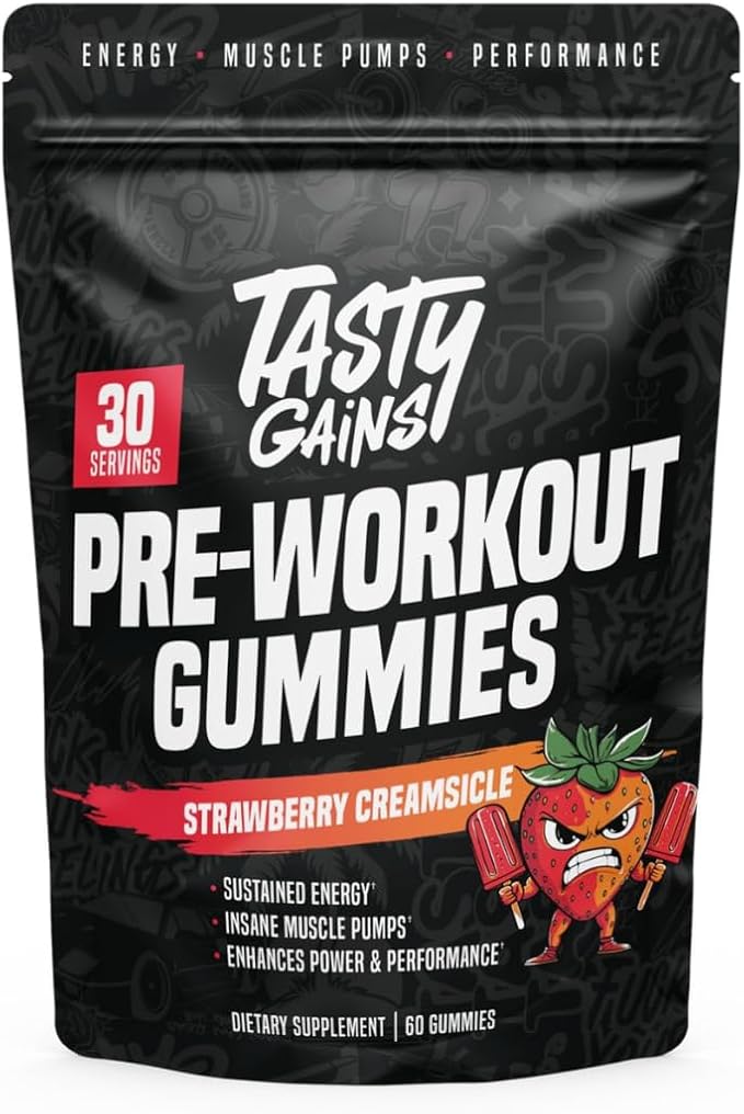 TASTY GAINS - Pre-Workout Gummies – Energy & Focus Boost, Caffeine Gummies for Men & Women, 200mg of Caffeine, Fat-Burning Preworkout for Strength & Endurance (60, Strawberry Creamsicle)