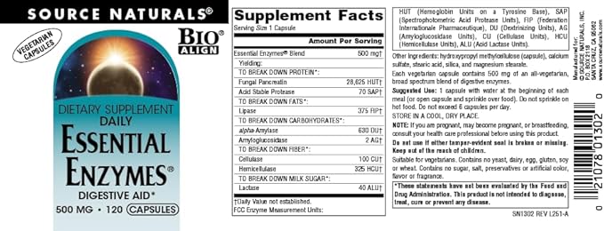 Source Naturals Essential Enzymes 500mg Bio-Aligned Multiple Enzyme Supplement Herbal Defense for Digestion, Gas, Constipation & Bloating Relief - Supports Immune System* - 120 Vegetarian Capsules