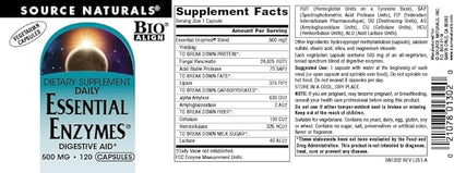 Source Naturals Essential Enzymes 500mg Bio-Aligned Multiple Enzyme Supplement Herbal Defense for Digestion, Gas, Constipation & Bloating Relief - Supports Immune System* - 120 Vegetarian Capsules