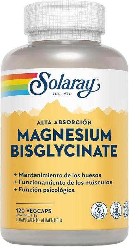 SOLARAY Magnesium Glycinate Capsules, Chelated Magnesium Bisglycinate w/BioPerine, Higher Absorption Magnesium Supplement - Bones, Muscles, Heart Support, Vegan (30 Servings, 120 VegCaps)