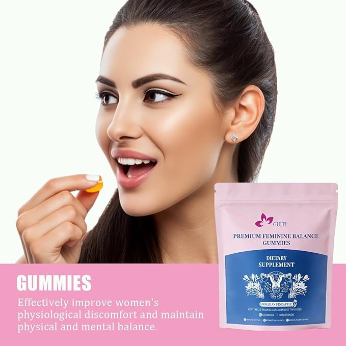 GUITI Premium Feminine Balance Gummies, Hawaiian Pineapple Flavored Gummies, Pineapple Gummies for Women PH, Vaginal Probiotics, 60 Gummies ﻿