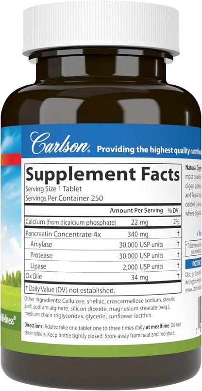 Carlson - Natural Digestive Enzymes, Digestive Aid #34 with Protease, Amylase & Lipase, Digestive Support, Nutrient Absorption & Optimal Wellness, 250 Tablets