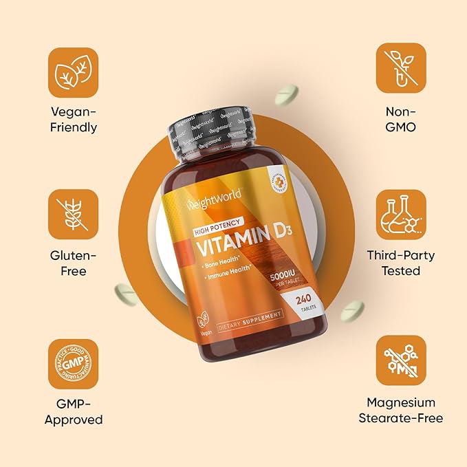 WeightWorld Vegan Vitamin D3 5000 IU Tablets for Bone & Immune Health - 240 Count - D3 Vitamin 125mcg - (8 Months Supply) VIT D Supplement for Women & Men - GMP-Approved - Gluten-Free - Non-GMO