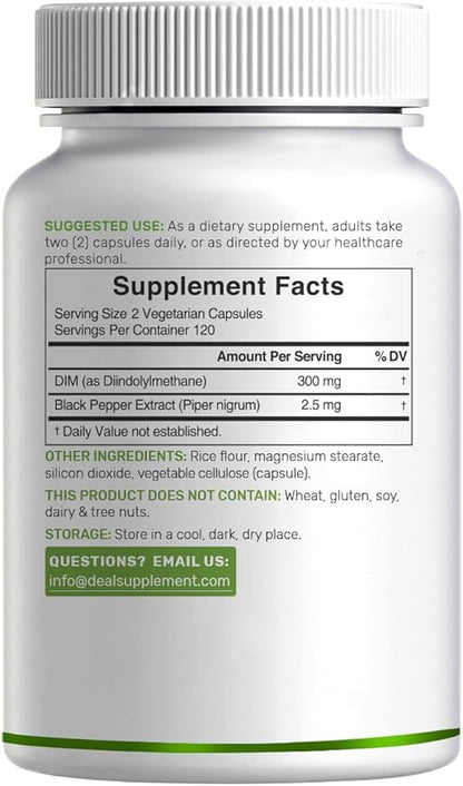 DIM Supplement 300mg, 240 Caps, 4 Months Supply | Estrogen Balance for Men & Women | Diindolylmethane Plus Black Pepper Extract for Enhanced Absorption