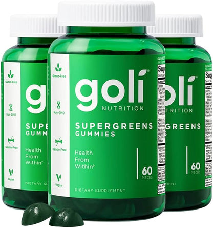 Goli SuperGreen Vitamin Gummy - 180 Count - Essential Vitamins and Minerals - Plant-Based, Vegan, Gluten-Free & Gelatin Free - Health from Within, Pack of 3