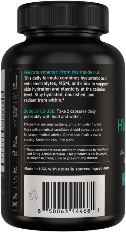 Vital Vitamins Hyaluronic Acid Supplement Hydration Complex - with Hyaluronic Acid, MSM, Vitamin C, Coconut Water Powder, & Silica - Skin Hydration Supplements - Non-GMO - 60 Capsules, 30 Servings
