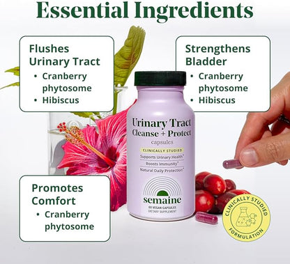 Semaine Urinary Tract Cleanse & Protect - 60 ct, Bladder Support Supplement for Women, Flushes Urinary Tract. Combines Cranberry Proanthocyanidins with Hibiscus