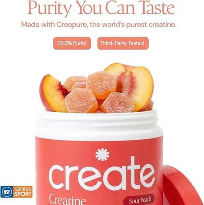 Create Creatine Monohydrate Gummies for Men & Women, Boost Focus, Strength, and Endurance, Anti-Melting Formula, Vegan, Gluten-Free, Non-GMO, 1.5g of Creatine per Gummy (Sour Peach)