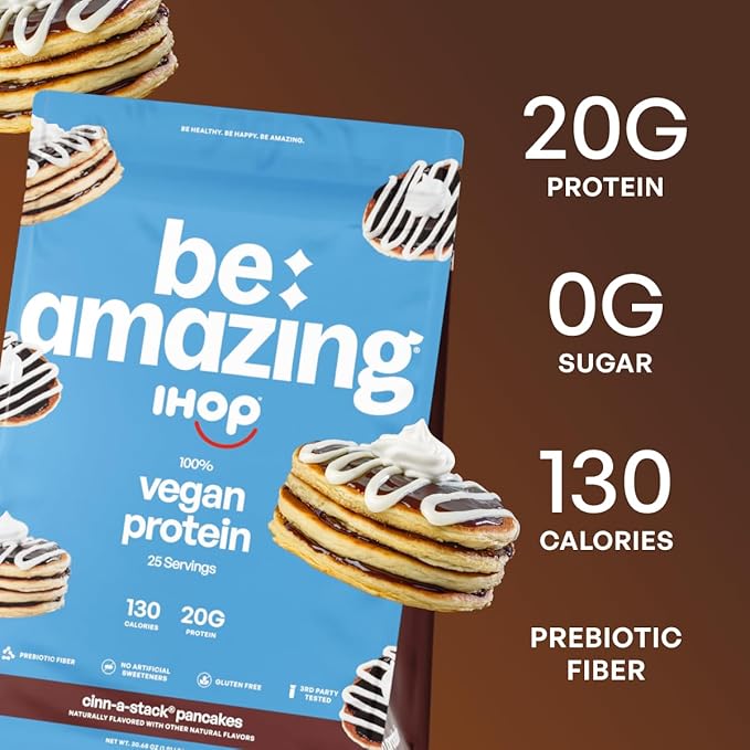 BE AMAZING Vegan Protein Powder, IHOP Cinn-A-Stack Pancakes, 20g Plant Based Protein with Prebiotic Fiber, Low Carb, Dairy and Gluten Free Shake Mix, No Added Sugar, 29.3 oz, 25 Servings