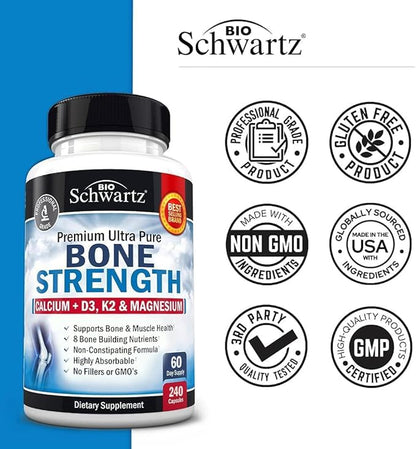 BioSchwartz Bone Strength Supplement - Gentle Non-Constipating Bone Health Supplement for Women & Men with 9-in-1 Complex with Calcium Magnesium Zinc D3 K2 & More - 3rd Party Tested - 2 Months