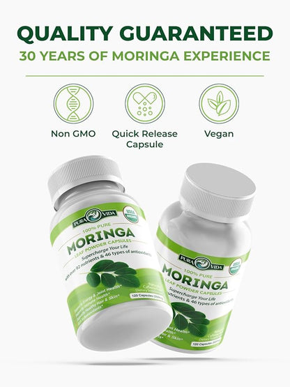 PURA VIDA MORINGA Organic Moringa Capsules, Pure Moringa Leaf Powder Single Origin for Energy, Metabolism & Immune Support, 120ct, 500mg Caps