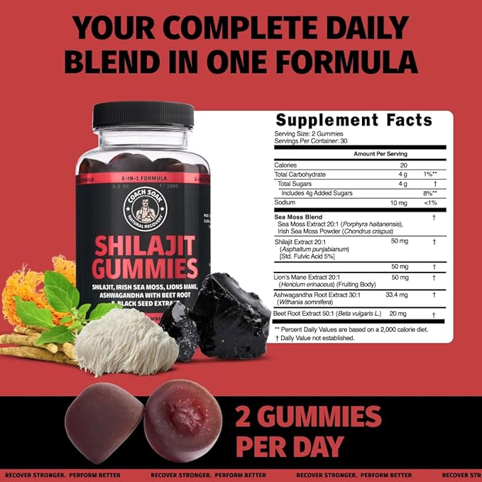 Coach Soak Shilajit Gummies 6-in-1: Tasty Raspberry Watermelon Flavor with Ashwagandha, Lion’s Mane, Irish Sea Moss, Beet Root & Black Seed Oil - Lab Tested Pure Shilajit for Men and Women | 120 ct