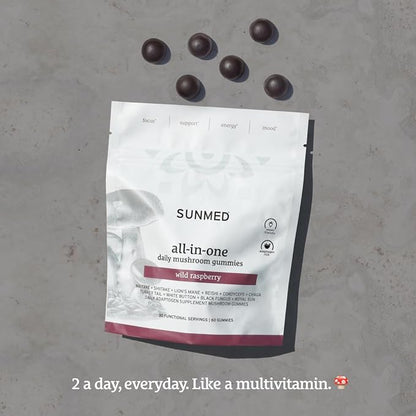 SUNMED All-in-One Mushroom Gummy Supplements for Focus, Energy, Mood & Immune Support – 10 Functional Mushrooms (Lion’s Mane, Reishi, Cordyceps, Chaga) | Wild Raspberry Flavor, 60ct