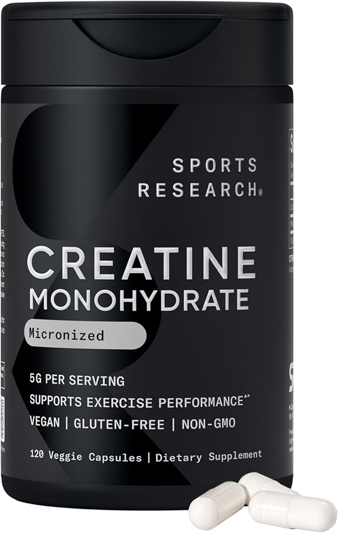 Sports Research® Creatine Monohydrate Capsules - Supports Workout Recovery, Lean Muscle gain, Performance and Strength* - Non-GMO, Vegan Certified - 5g per Servings - 30 Servings