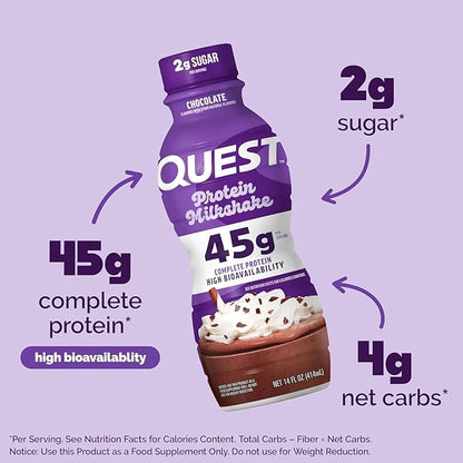 Quest Nutrition Chocolate Protein Shake,45g Protein,2g Sugar,4g Net Carbs,Ready to Drink,Gluten Free,(Pack of 24)