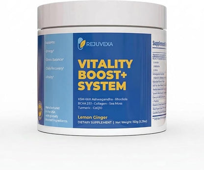 Vitality Boost+ System – Daily Energy & Stress Support Powder – 500mg KSM-66® Ashwagandha, BCAA 2:1:1, Magnesium, CoQ10 & Collagen – 30 Servings – Lemon Ginger – Made in USA