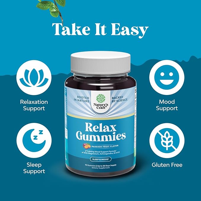 Calming Gummies for Adults with Ashwagandha and Magnesium - Relaxing Stress Gummies with L Theanine 5HTP and Lemon Balm Extract - Adaptogenic Chamomile Extract Vitamin B6 - 90 Count (Pack of 2)