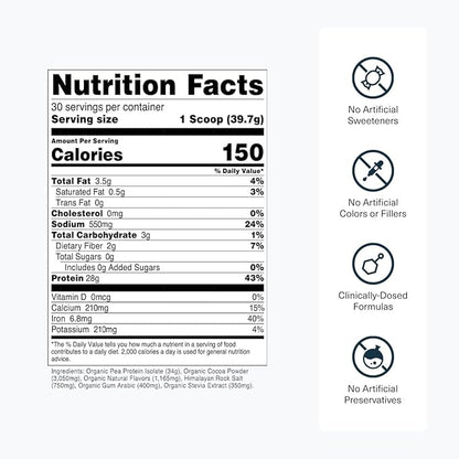 Transparent Labs 100% Pea Protein Powder - 28g Organic Plant Protein per Serving, Clean Pea Isolate Powder, USDA Organic, Vegan, Gluten-Free, Sugar-Free, Non-GMO - 30 Servings, Chocolate