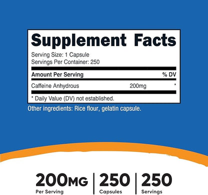 Nutricost Caffeine Pills, 200mg Per Serving (250 Caps)