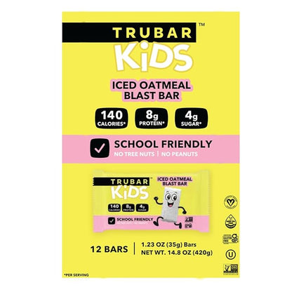 TRUBAR Kids Protein Bars, Iced Oatmeal Blast, Plant Based Protein, Gluten Free School-Friendly Snacks for Lunchboxes, Tree Nut and Peanut Free, Low Sugar, Healthy On the Go Snack Bars, 12 Count