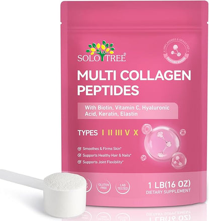 Multi Collagen Peptides Powder, 1 lb Unflavored Hydrolyzed Collagen Types I, II, III, V, X，16 oz (41 Servings)-Hyaluronic Acid Power,Grass Fed Collagen Supplements for Women and Men, Non GMO