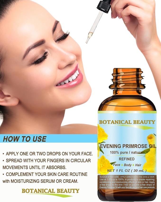 Botanical Beauty EVENING PRIMROSE OIL 100% Pure Natural Undiluted Unrefined Virgin Cold Pressed Carrier Oil. 0.5 Fl.oz.- 15 ml for face, skin, hair, nails. Rich in essential fatty acids GLA