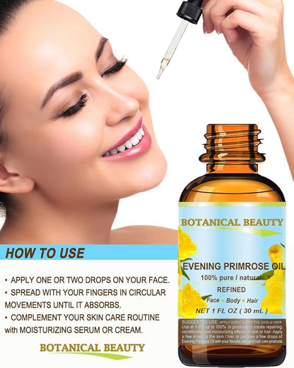 Botanical Beauty EVENING PRIMROSE OIL 100% Pure Natural Undiluted Unrefined Virgin Cold Pressed Carrier Oil. 0.5 Fl.oz.- 15 ml for face, skin, hair, nails. Rich in essential fatty acids GLA