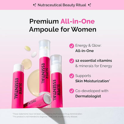 VITALBEAUTIE Super Essential (7-Day) – Women’s All‑in‑One Beauty + Multivitamin Ampoules & Tablets – 1,000mg Fish Collagen + 1,000mg Vitamin C, Biotin, Iron, Vitamin D – Grape Flavor - 7 Servings