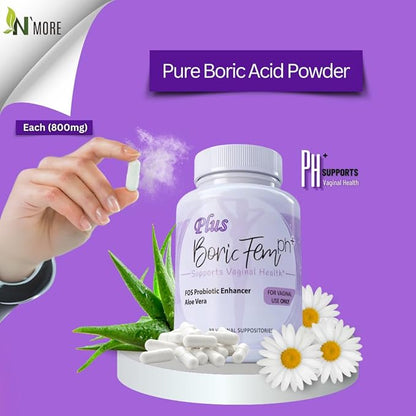 N'More Boric Acid Vaginal Suppositories Plus Aloe Vera & FOS Probiotic Enhancer 800mg/, 30 Count All Natural Made in USA