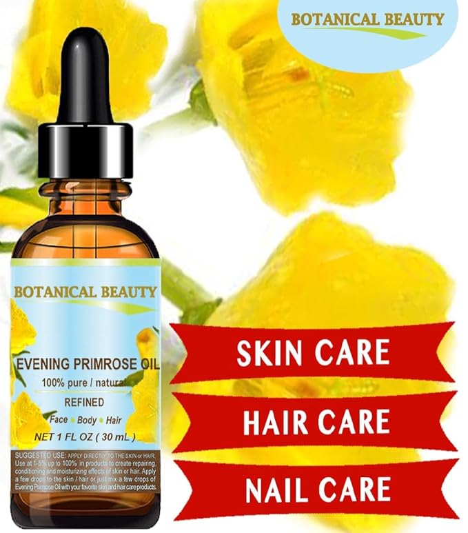 Botanical Beauty EVENING PRIMROSE OIL 100% Pure Natural Undiluted Unrefined Virgin Cold Pressed Carrier Oil. 1 Fl.oz.- 30 ml for face, skin, hair, nails. Rich in essential fatty acids GLA